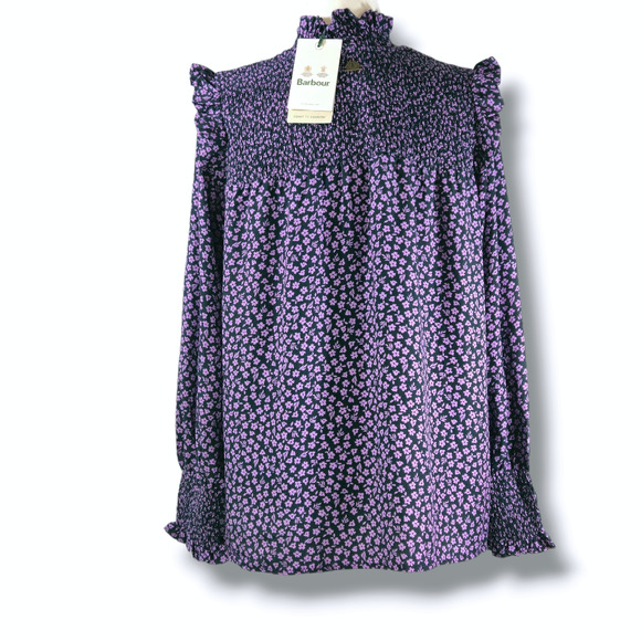 NWT Barbour Midhurst Mock Neck Smocked Ditsy Floral Blouse Sz. 8 Purple Black - Picture 3 of 12